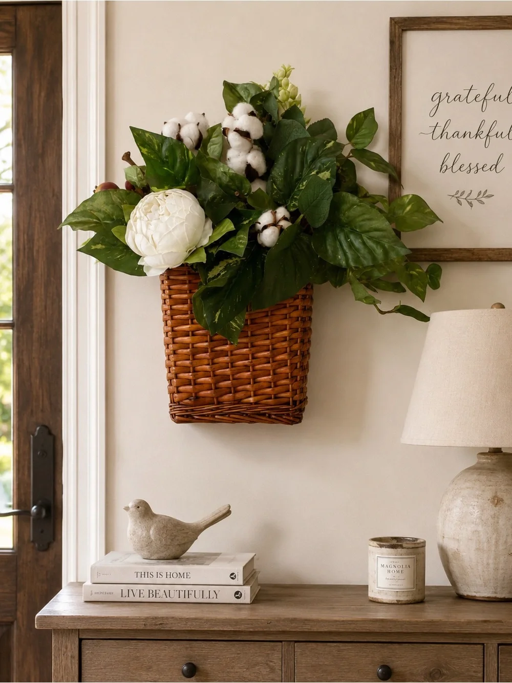 Handmade Wicker Wall Basket Faux Cotton Peony Botanical Floral Decor